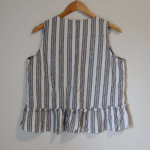 Linen Striped Sleeveless Top Blue White Gold Lurex Ruffle Hem Flowy Large Petite - Picture 9 of 11